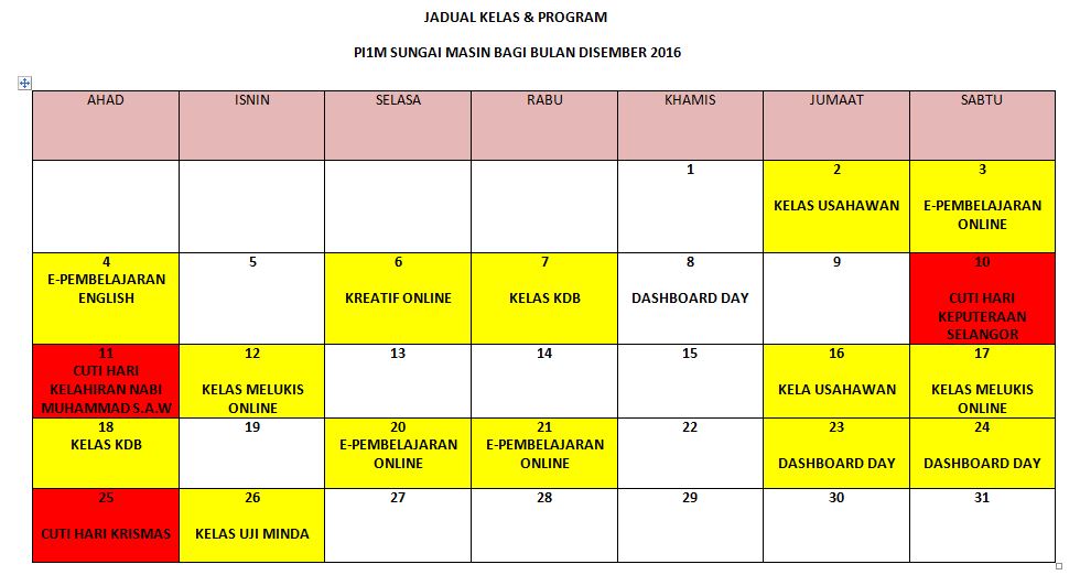 JADUAL DISEMBER 2016
